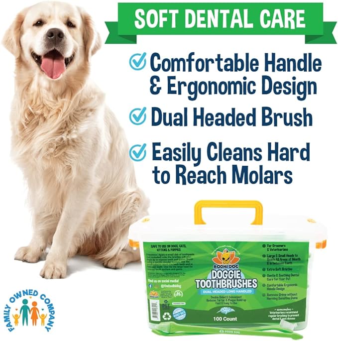 Bodhi Dog Dual-Headed Long Dog & Cat Toothbrush | Puppy Toothbrush with Soft Bristles for Pet Dental Care | Easy Teeth Cleaning Dog Toothbrush, 100 Count
