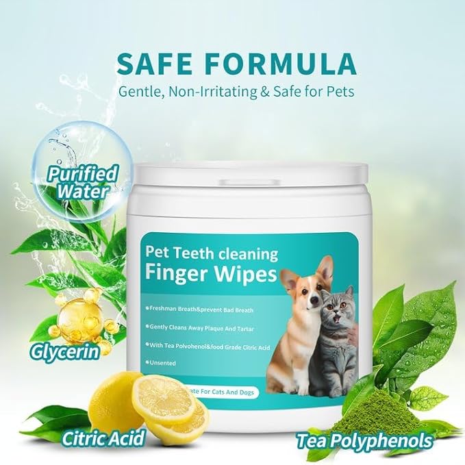 PITHER Dog Teeth Cleaning Wipes, Pet Dental Finger Wipes for Dogs & Cats Disposable Gentle Dog Teeth Cleaning Pads Tooth Brushing Kit Freshen Bad Breath Remove Plaque & Tartar Buildup 50 Counts