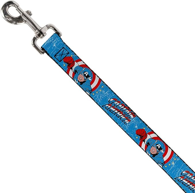 Buckle-Down Pet Leash - CAPTAIN AMERICA w/Action Pose Weathered Blue - 4 Feet Long - 1.5" Wide