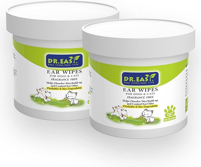 Dr.Easy Pet Ear Grooming Wipes 240ct for Dogs &Cats Fragrance Free,Helps Dissolve Wax Build-Up and Control Ear Odor,flushable & Compostable,Stop Ear Itching Natural Cleansing (240ct)