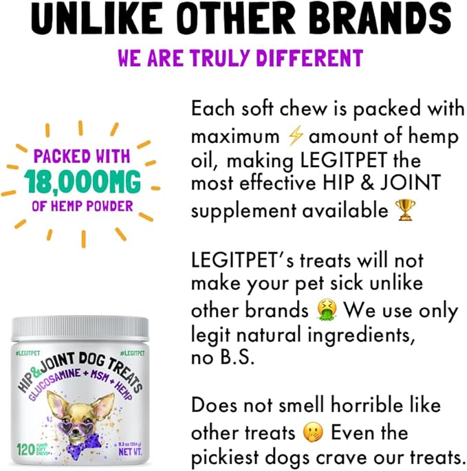 Hemp Hip & Joint Supplement for Dogs 120 Soft Chews Made in USA Functional Glucosamine for Dogs Chondroitin MSM Turmeric Hemp Seed Oil Natural Pain Relief Mobility Advanced Joint Health For All Breeds