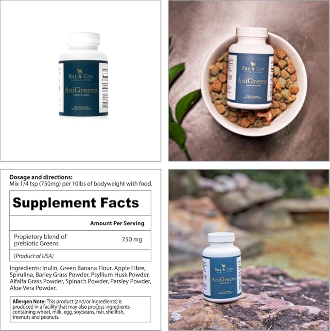 BILL &COO Anigreens Prebiotic & Probiotics for Dogs, Formulated with Special Fibers Digestive Enzymes, Dog/Cat Probiotics for Digestive Health & General Gut Balance to Immune Support of Your Pets,90g