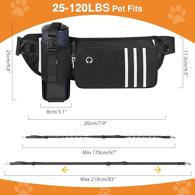 Pawaboo Hands Free Dog Leash with Waist Bag, Dog Leash with Zipper Pouch, Retractable Dog Running Belt Bag, Dog Walking Leash Shock Absorption, Padded Handle Lead for Jogging Hiking (25-120 lbs)