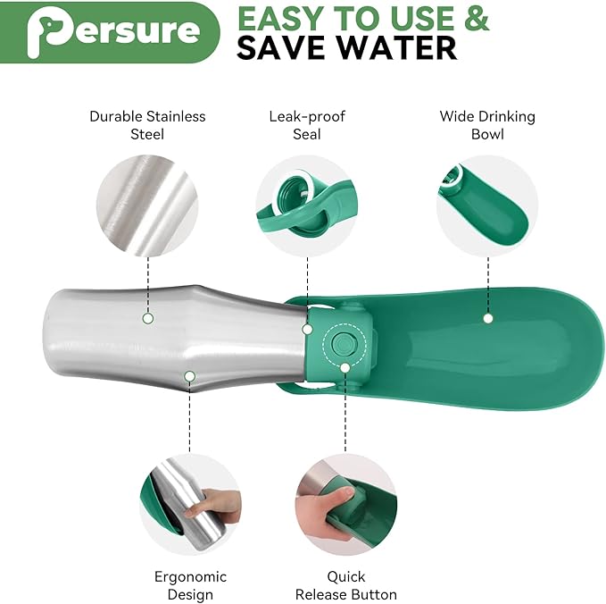 Dog Water Bottle, Portable Dog Water Bottle Dispenser - 27 OZ Stainless Steel Leak-Proof Water Bottle for Dogs On The Go, Perfect for Travel, Walking, Hiking and Outdoor Activities, Green