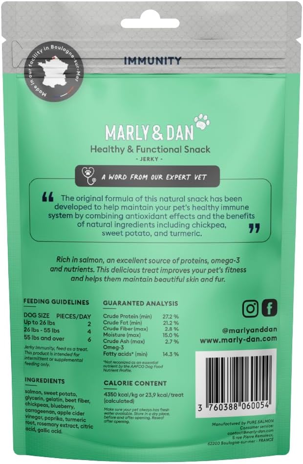 Marly & Dan Baked Salmon Jerky Snacks for Dogs with Sweet Potato and Blueberries - Naturally Healthy & Functional Immunity Recipe, Rich in Omega-3, 6 oz