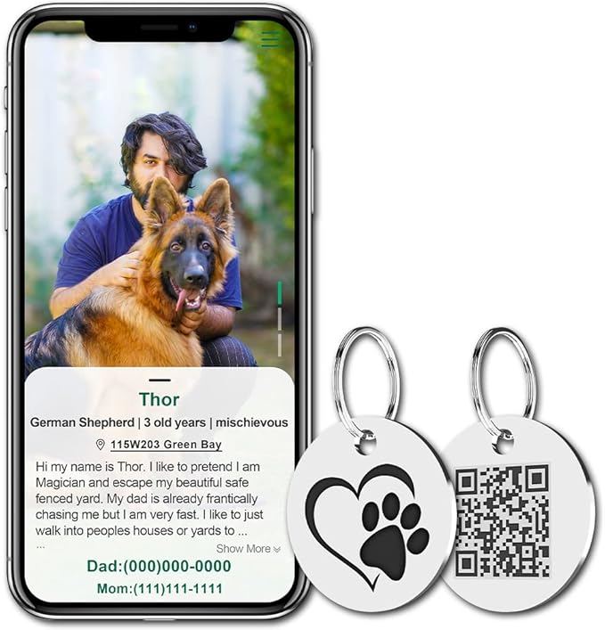 MYLUCKYTAG Stainless Steel QR Code Pet ID Tags Dog Tags - Pet Online Profile - Scan QR Receive Instant Pet Location Alert Email