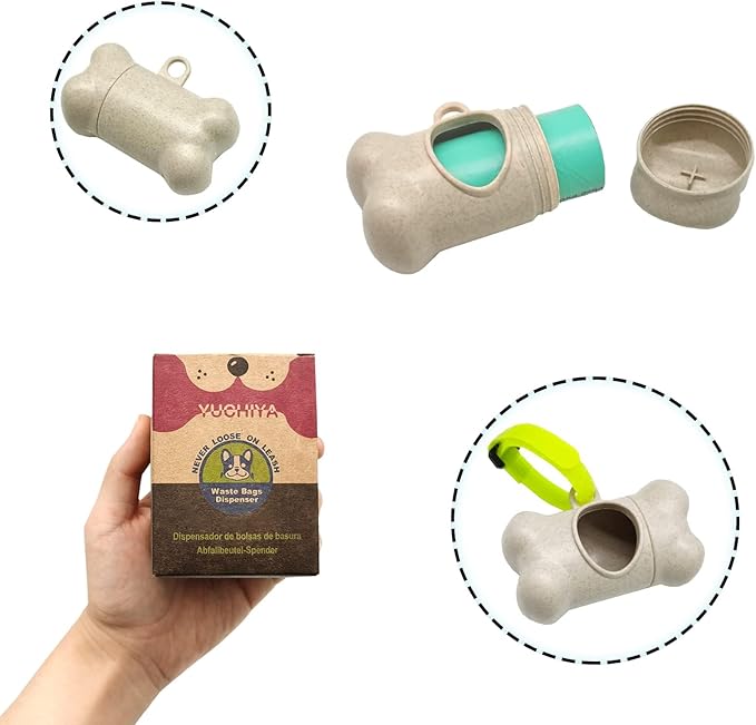 Dog Poop Pickup Bags Holder Dispenser with 1 Roll Random Color Leak-proof Scented Doggy Waste Bags and Carabiner with Safety Lock Plus Hook and Loop Fastener Never Loose on Leash Lead Again (Beige)