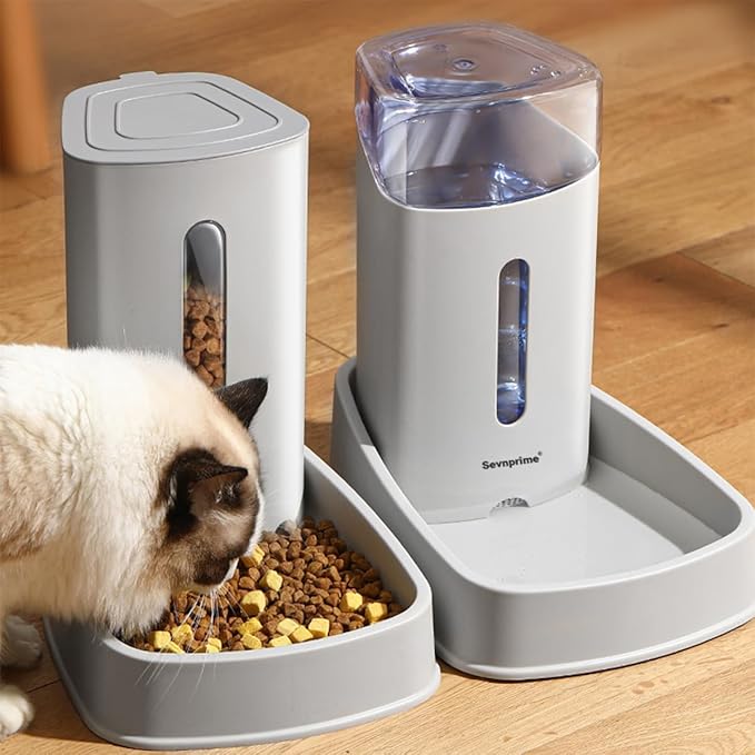 2PCS Cat Dog Feeder and Waterer Self-Dispensing Gray 3.8L Pets Automatic Feeder and Waterer Dispensing Set 12.8in x 7.87in x 12.2in Feeder and Water Bowl for Small Medium Pets