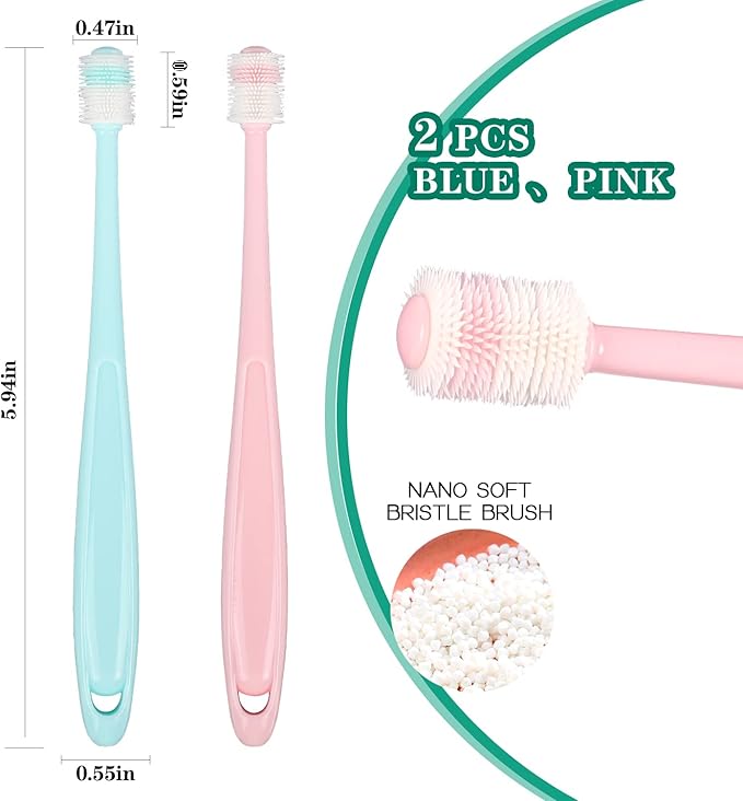 2PCS Dog/Cat Toothbrush, 360 Degree, Safe Material,Soft and Comfortable,Reusable, Deep Clean Fresh Breath Pet Toothbrush (Blue&Pink)