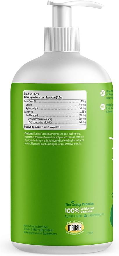 Zesty Paws Salmon Omega Oil Hemp for Dogs and Cats with Wild Alaskan Salmon Oil Omega 3 and 6 Fatty Acids with EPA DHA for Pets Supports Normal Skin Moisture and Immune System Function 32oz