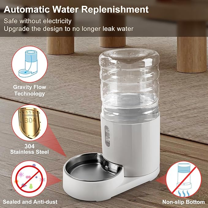 CZPET Dog Water Bowl Dispenser, 4L Stainless Steel Bowl, Automatic Gravity Cat Water Dispenser, Cat Water Bowl, Safe and Unplugged for Pet, White