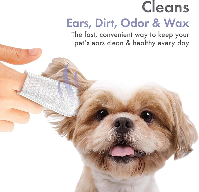 Petkin Fingertip Ear Wipes for Dogs and Cats, 50 Finger Wipes - Slip-On, Snug Fit, Micro-Bristle Fabric - Cleans Ears, Dirt, Odor and Wax - Convenient, Ideal for Home and Travel - Fresh Scent