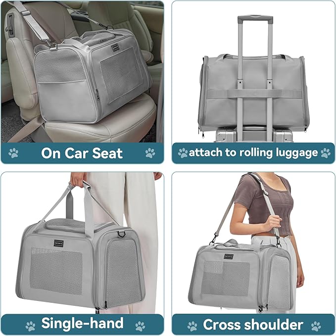 PETSFIT Dog Carrier for Small Dogs, Cat carrier for 2 Cats Under 25 Lbs, Collapsible Travel Puppy Carrier, Pet Carrier with Cozy Extendable Mat (Large, Grey)
