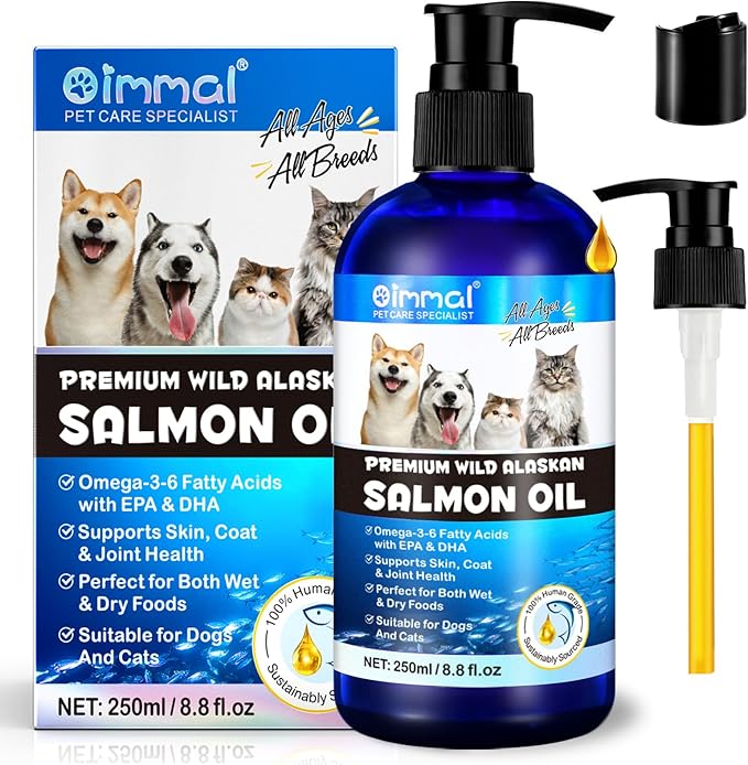 Salmon Oil for Dogs & Cats, Omega 3 Fish Oil for Dog's Skin and Coat, Natural EPA + DHA Fatty Acids for Joint Function, Immune & Heart Health, Wild Alaskan Salmon Oil 250ml for All Ages & All Breeds.