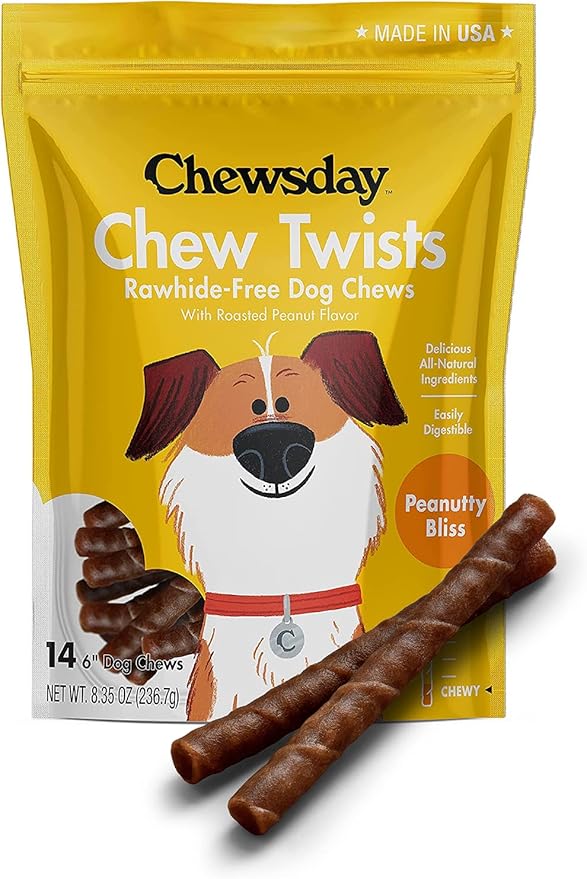 6-Inch Chewy Dog Chew Twists, Made in The USA, All Natural Rawhide-Free Highly-Digestible Treats, Peanutty Bliss - 14 Count