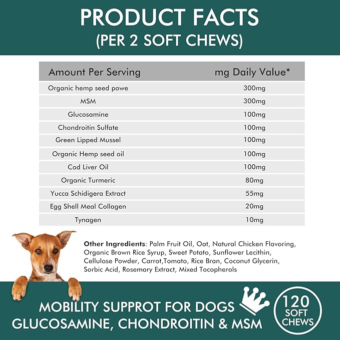 Hip & Joint Supplement for Dogs - with Hemp Oil, Glucosamine, Chondroitin, MSM, Green Lipped Mussel, Natural Joint Pain Relief, Improve Mobility, Reduces Discomfort,120 Chews