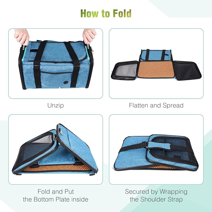 YUDODO 25 lbs Lightproof Pet Carriers Airline Approved Dog Cat Travel Soft Sided Carrier Reflective Mesh Safe Pet Cat Carrier Foldable Portable Small Animal Rabbit Puppy Cat Carrier (Large, Lake blue)