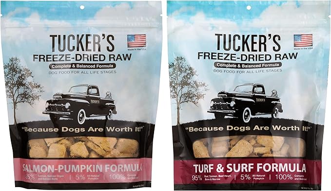 Tucker's Raw Frozen Freeze Dried Raw Dog Food, Salmon & Pumpkin Formula and Turf & Surf Formula, Fish Variety Pack of 2