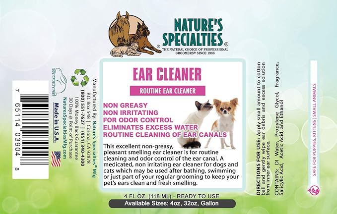 Nature's Specialties Dog Ear Cleaner Medicated Solution Non-Greasy Non-Irritation Made in USA Non-Toxic, 4 Ounces