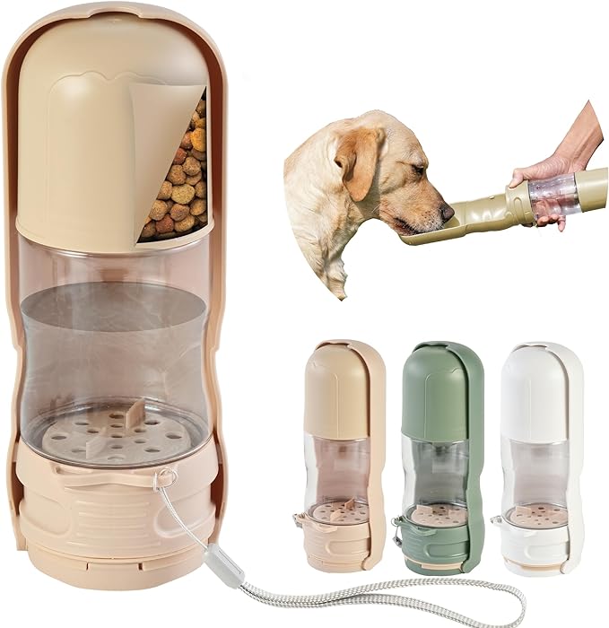 Portable Pet Food and Water Dispenser, 2 in 1 Cat & Small Dog Water Bottle & Food Container, Lightweight, BPA Free Pet Water Bottle Traveling Essentials for Walking & Hiking (Khaki, 13oz)