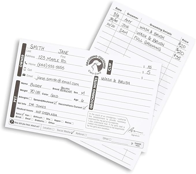 Juvale 100-Pack Pet Grooming Cards, Customer Information Cards, Cat or Dog Grooming Client Cards and Contact Profile Extender, Pet Info Record Cards for Groomers (8x5 in)