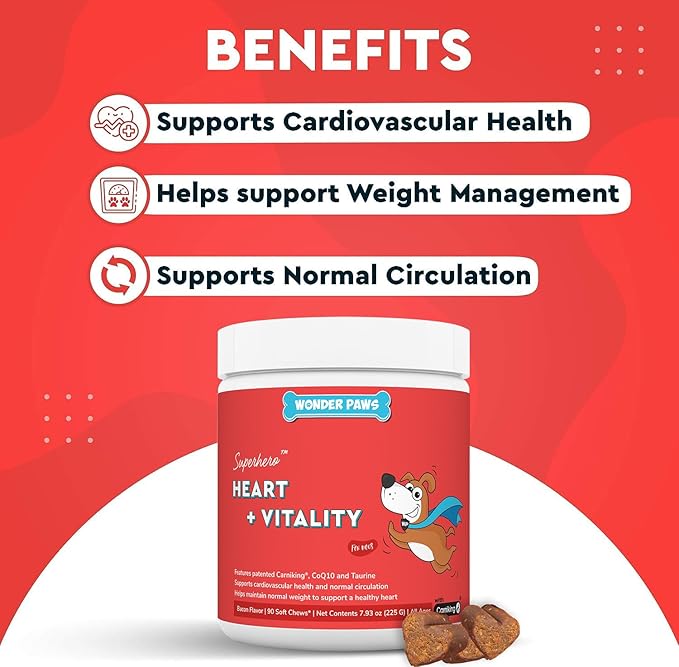 Cardio Support for Dogs – Cardiovascular Chews Heart Health, Circulation, Energy & Weight Management - with L-Carnitine, Hawthorn Berry, Coenzyme Q10 & Taurine for Dogs – 90 Soft Chews