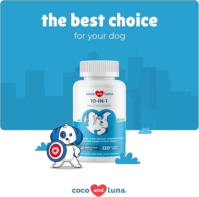 10 in 1 Multivitamin for Dogs - 120 Chewable Tablets - Hip and Joint Support with Glucosamine and Chondroitin - Omega Fish Oil & Vitamins with Coq10 for Skin & Heart Health, Gut & Immune Support