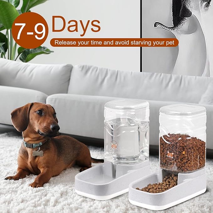 Automatic Dog Cat Gravity Feeders Water Bowl Dispenser Cat Water Fountain Large Capacity 3.8L,1 Gallon Large Capacity for Small Medium Pets (Grey)