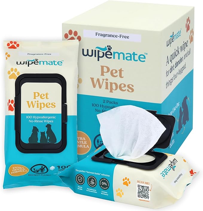 2-Pack Dog & Cat Pet Wipes, Cleans Pet Paws, Ears, Fur, Butt, & Anal Gland, No-Rinse Solution, Gentle, Deodorizing, Hypoallergenic - Unscented 100 ct