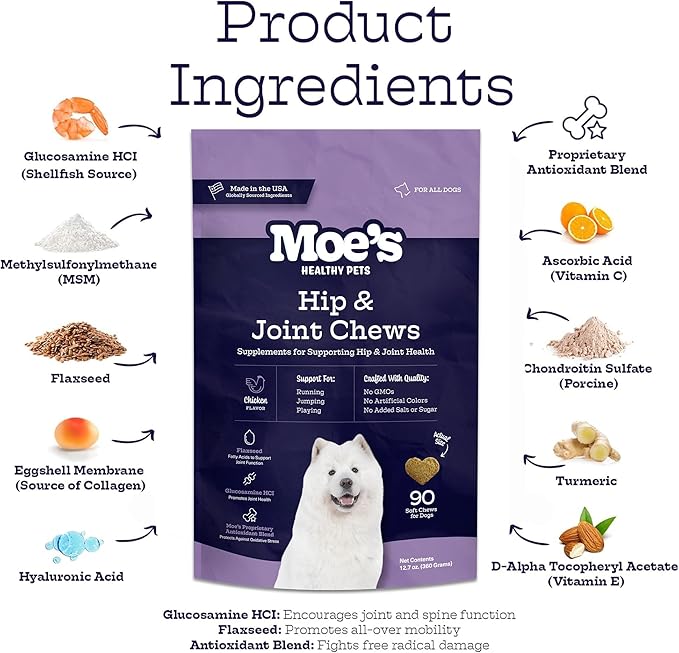 Moe's Glucosamine Dog Joint Supplement + Glucosamine, Chondroitin, Hyaluronic Acid, Vitamin C, E – Bone Health - Joint Pain Relief - Advanced Hip & Joint Care - 90 Chews - Made in USA – All Breeds