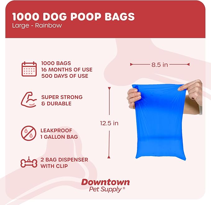 Downtown Pet Supply Dog Poop Bags (1000 CT - Rainbow Bags & 2 Dispensers) Waste Bag Dispenser Clips to Dog Leashes Bags & Dog Harnesses- Poop Scoop Bags are Leak-Proof Bags & Unscented