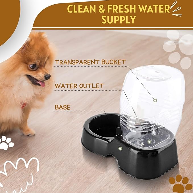 Flexzion Automatic Pet Water Dispenser - Self-Filling Cat & Dog Gravity Water Bowl, 3/8 Gallon (1.5L) Black Auto Cat Water Dispenser, Non-Skid & Easy-Clean Dog Water Feeder