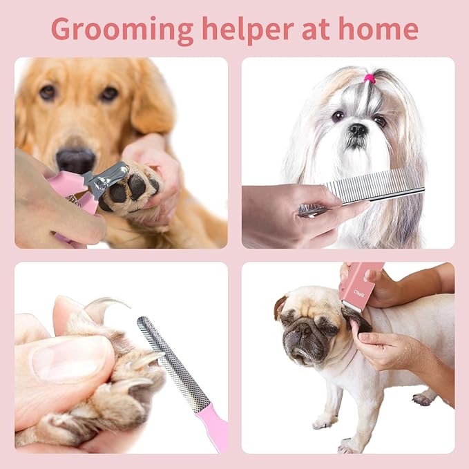 Pink Dog Cat Clippers, Home Professional Cordless Cat Grooming Tools for Dog Thick Coat Clippers, Low Noise Pet Hair Trimmer Kits with 9-Pieces