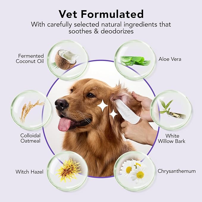 HICC PET Ear Finger Wipes for Dogs & Cats - Gently Remove Ear Wax, Debris - Sooths & Deodorizes - Relieve Ear Itching & Inflammation, Fresh Coconut Scent, All Natural Ingredients - 50 Count