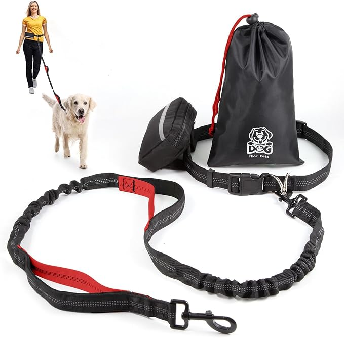 Hands Free Dog Leash with Zipper Pouch, Dual Padded Handles and Durable Bungee for Walking, Jogging and Running Your Dog, Waist Belt Dog Leash, Reflective Running Traction (Red)