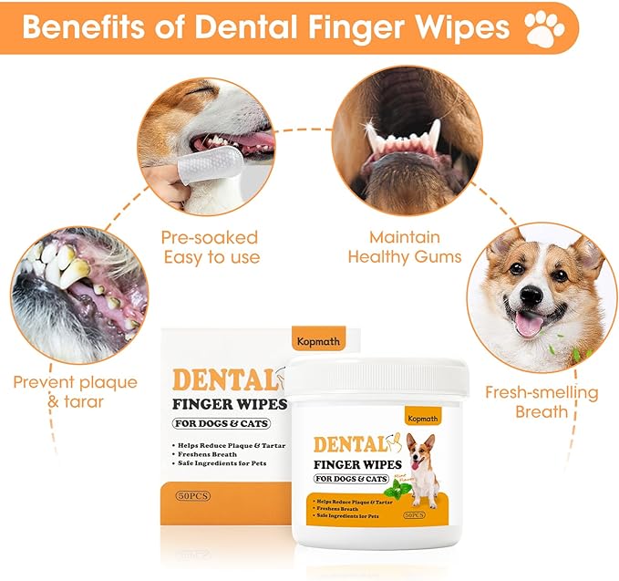 Teeth Cleaning Finger Wipes, Wider Dog Dental Wipes, Reduce Plaque & Tartar, Freshen Breath, Safe & Natural Pet Dental Wipes for Dogs Teeth, Portable Dog Tooth Wipes for Cat,50 Ct, Mint Flavor