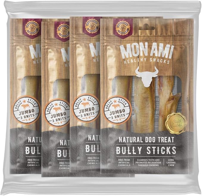 Mon Ami Jumbo Bully Sticks for Large and Small Dogs (5-6 inches, Pack of 12) - Grass Fed Dog Treats - Bully Sticks Natural Dog Treat