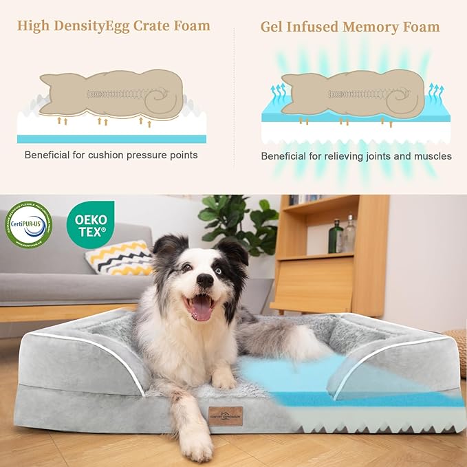 Memory Foam Cooling Dog Bed, Orthopedic Dog Beds for Extra Large Dogs, XL Dog Bed with Removable Cover, Waterproof Pet Bed Large with Bolster(X-large,Light Grey)