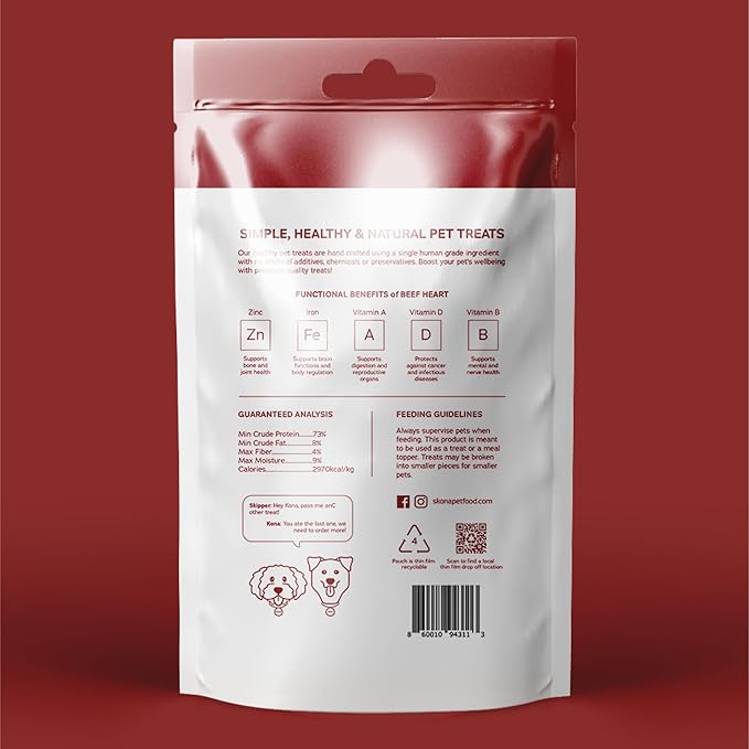 Skona Single-Ingredient Beef Heart Jerky | Treats for Dogs & Cats (4oz) | Healthy, Grain-Free, USA Made | Promotes Digestion, Dental Care, Taurine Boost