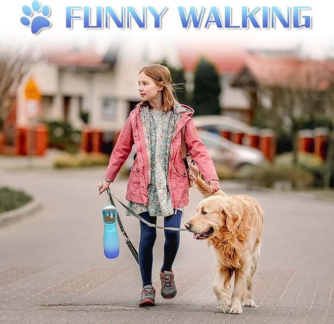 2-in-1 Portable Dog Water Bottle, Food Grade Travel Water Bottle for Dogs with Food Container, 19Oz Portable Dog Water Bowl Dispenser, Dog Birthday Gifts, Dog Accessories (Blue)