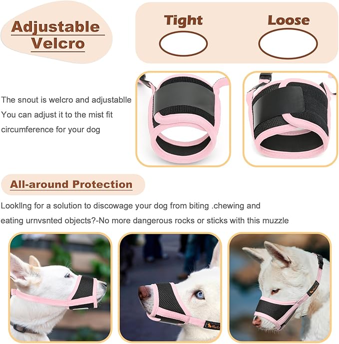 HEELE Dog Muzzle Nylon Soft Muzzle Anti-Biting Barking Secure,Mesh Breathable Pets Muzzle for Small Medium Large Dogs 4 Colors 4 Sizes (L, Pink)