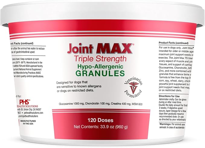 Triple Strength HA Granules for Dogs, Glucosamine, Chondroitin, Creatine, MSM and Antioxidants - Hip and Joint Support Supplement, 120 Doses