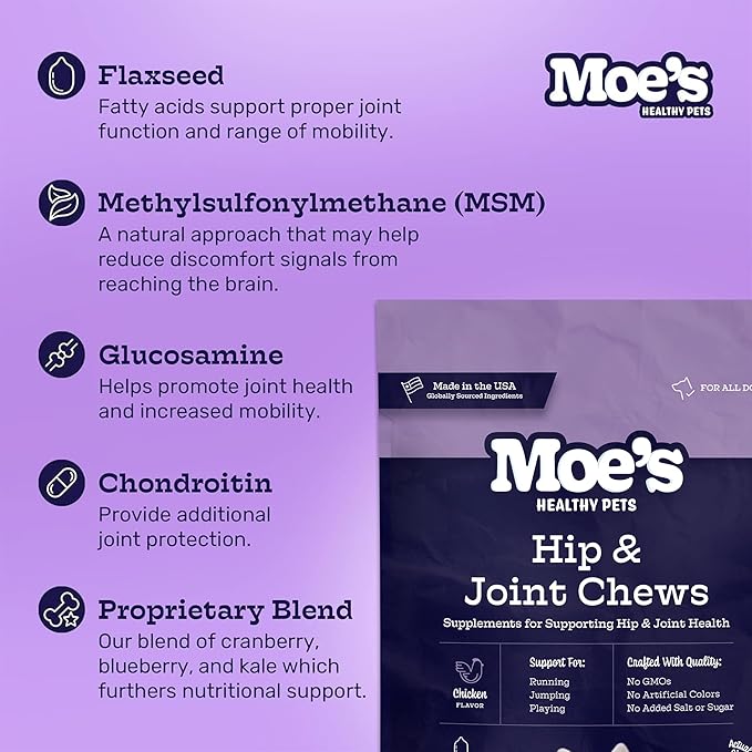 Moe's Glucosamine Dog Joint Supplement + Glucosamine, Chondroitin, Hyaluronic Acid, Vitamin C, E – Bone Health - Joint Pain Relief - Advanced Hip & Joint Care - 90 Chews - Made in USA – All Breeds