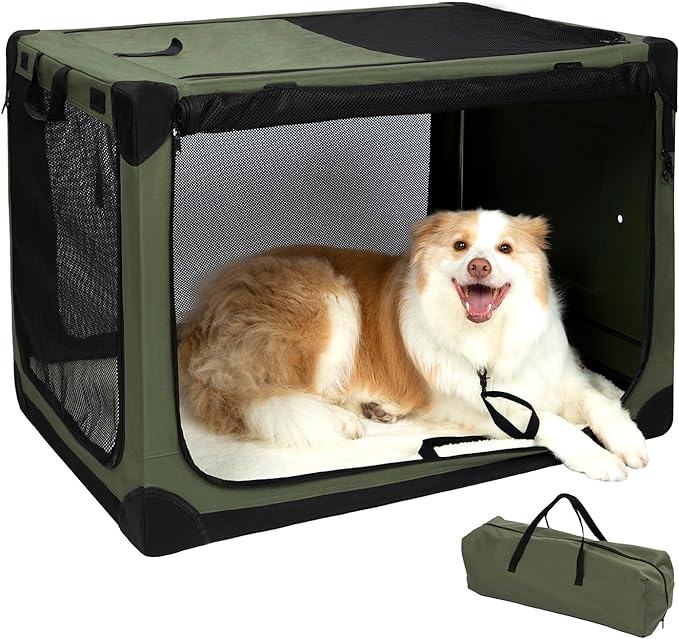 36 Inch Stainless Steel Collapsible Dog Crates for Large Dogs, 4-Door Soft Sided Dog Kennel for Travel, Portable Foldable Pet Crate with Durable Mesh Windows, Indoor & Outdoor, Olive Green