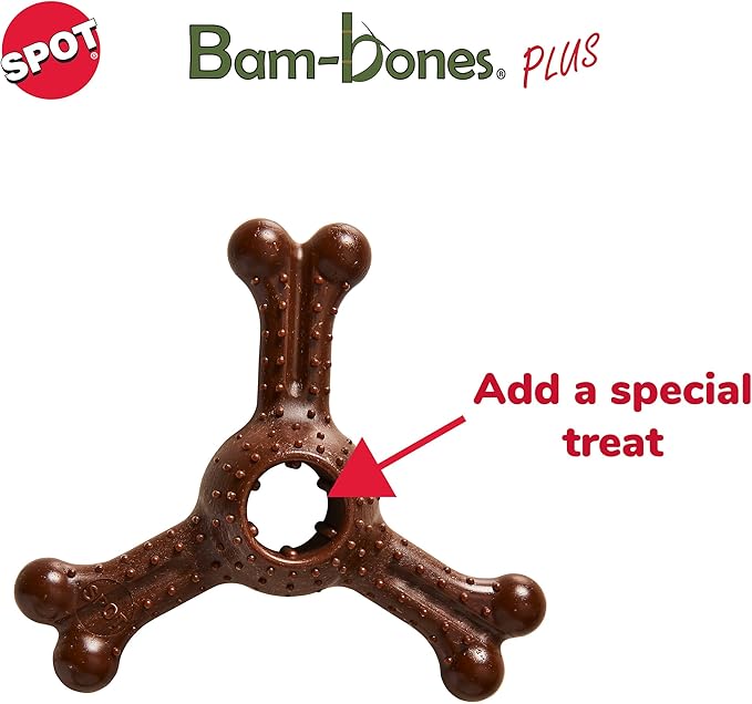 SPOT Bam-Bones Plus Triple Chew - Bamboo Fiber & Nylon, Durable Long Lasting Dog Toy for Aggressive Chewers – Great for Adult Dogs & Teething Puppies Under 90lbs, Non-Splintering, 7in, Bison Flavor