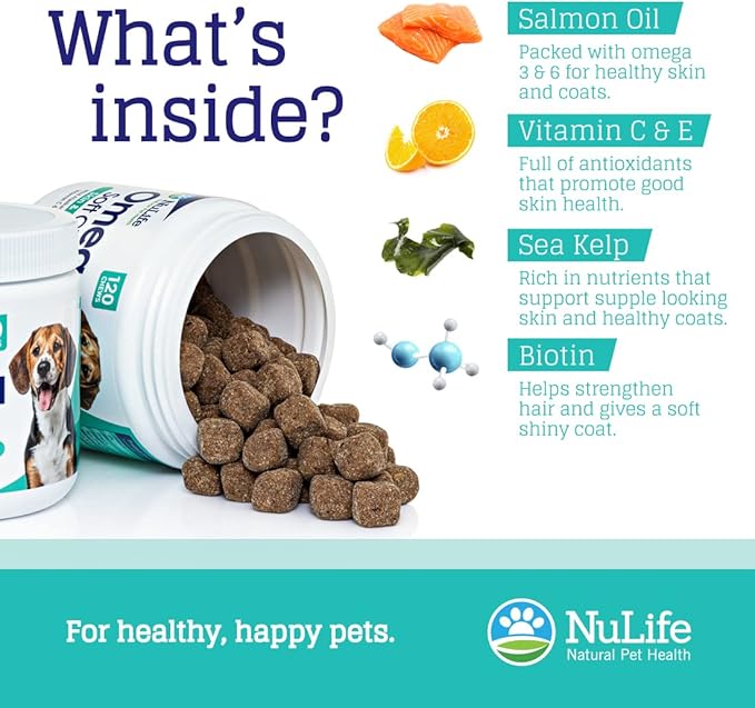 Omega Skin and Coat Chews for Dogs, Wild Salmon Dog Treats with Biotin & Vitamin E, Helps with Itchy Skin, Allergy Relief & Shedding, Omega 3 6 9, EPA & DHA Fatty Acids, Made in USA, 120 Chews