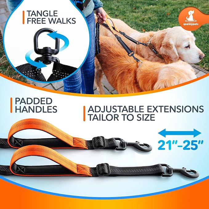 SparklyPets Double Bungee Waist Dog Leash with Back Brace – Dual Dog Leash for Medium/Large Breeds – 2 Dog Running Belt Fanny Pack with Phone, Waste, Treat, and Bottle Pockets