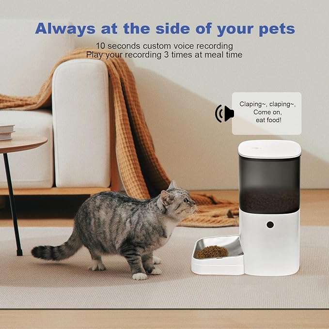 Automatic Cat Feeder, Cat Food Dispenser with 10s Voice Recorder, Pet Feeder up to 8 Meals per Day, Timed Cat Feeder with Dry Food Sealed Ring(White, 6L)