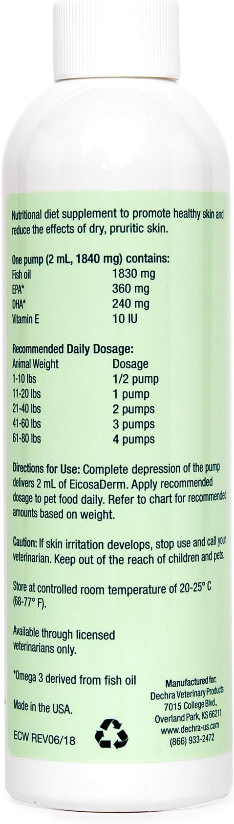 Dechra EicosaDerm Omega 3 Liquid for Dogs & Cats - Nutritional Fatty Acid Supplement, 8 Fl Oz (Pack of 1)