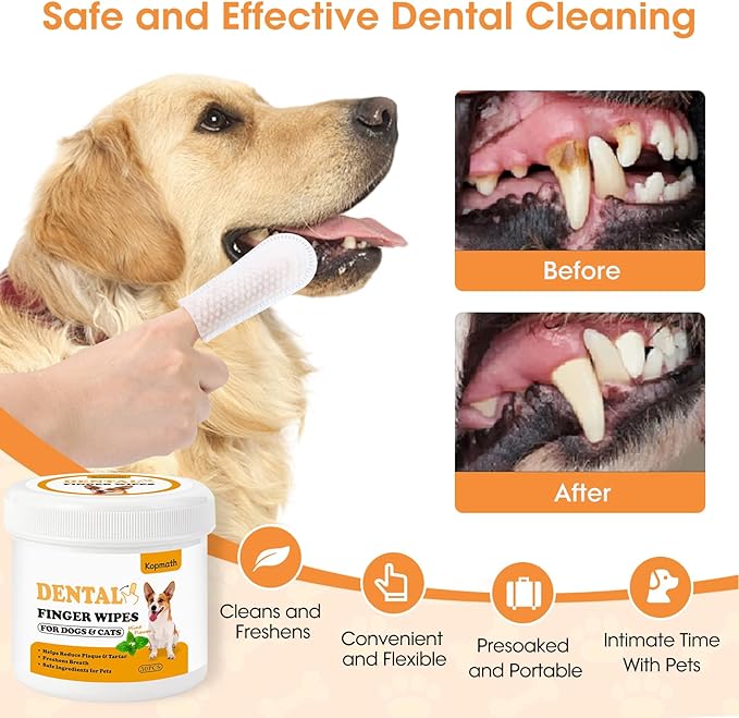 Teeth Cleaning Finger Wipes, Wider Dog Dental Wipes, Reduce Plaque & Tartar, Freshen Breath, Safe & Natural Pet Dental Wipes for Dogs Teeth, Portable Dog Tooth Wipes for Cat,50 Ct, Mint Flavor